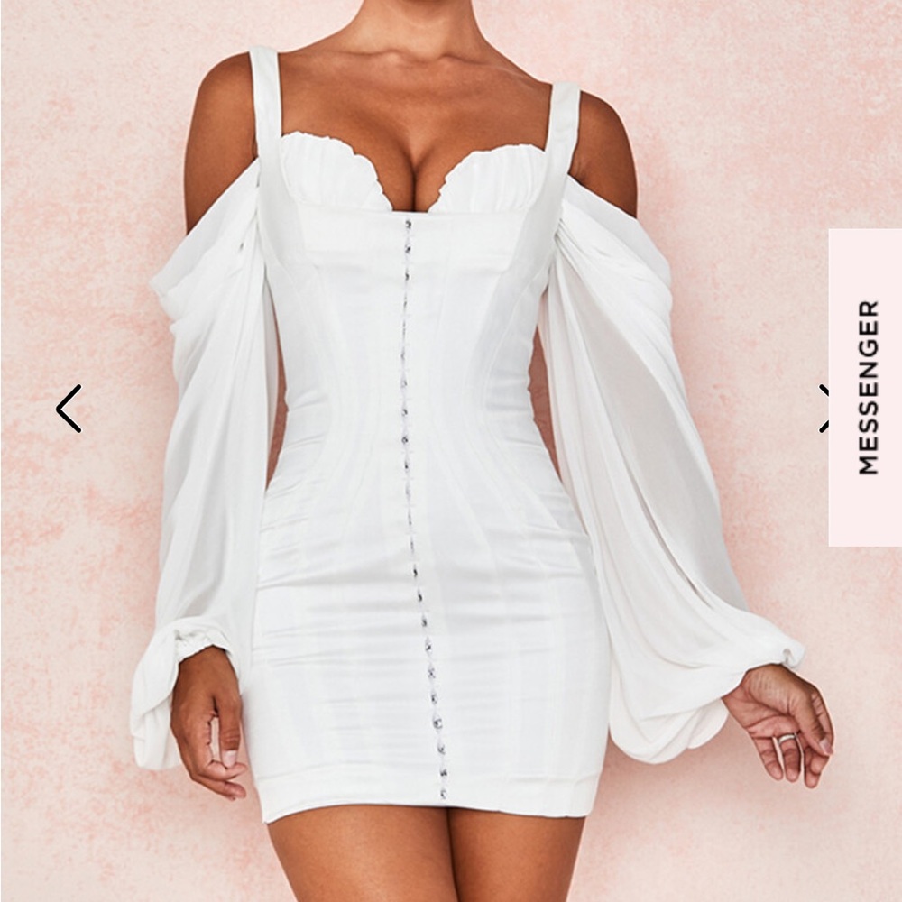 House of CB Eva mini white dress with long sleeves.